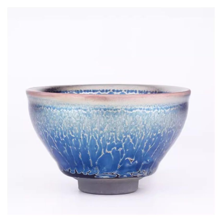 Unique Teaware, Jianzhan Tenmoku Ancient Kiln Fired Blue Ceramic Mug Chinese Kungfu Tea Cup Handmade Porcelain Tea Bowl