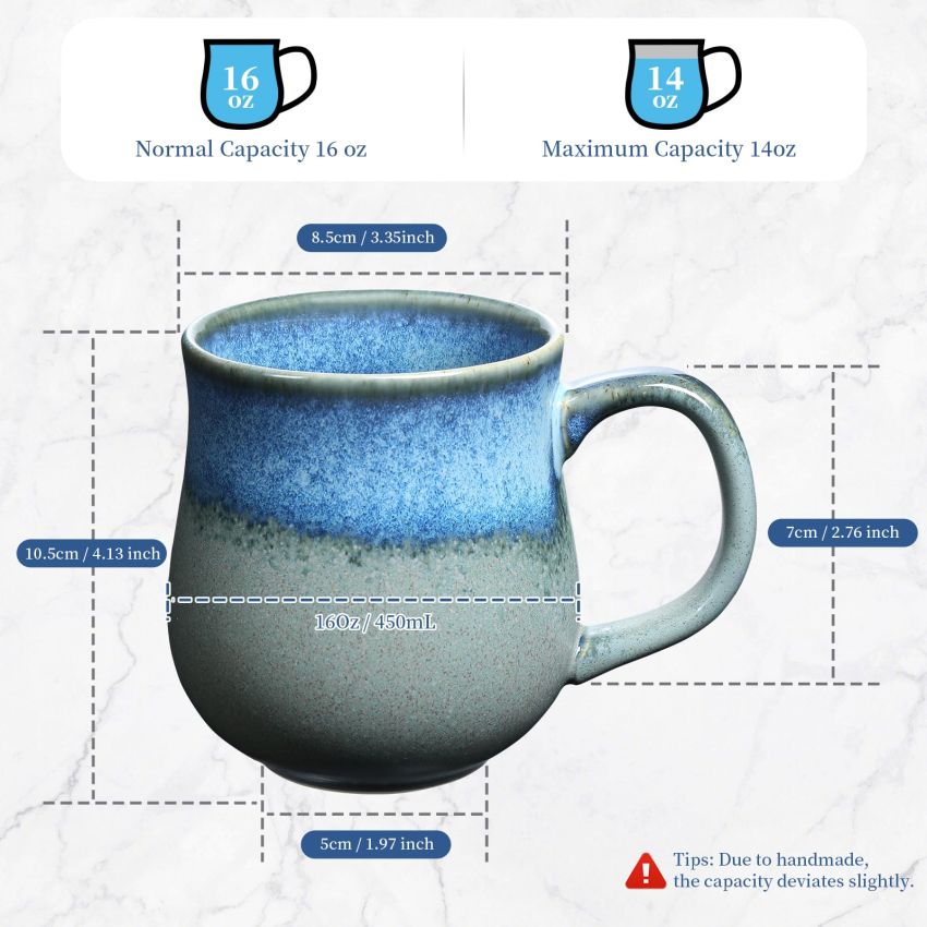 16 Oz Large Ceramic Coffee Mug with Big Handle, Handmade Glazed Tea Cup for Office and Home, Microwave and Dishwasher Safe, Small Coffee Cups for Hot and Cold Drinking (Glacier Blue)
