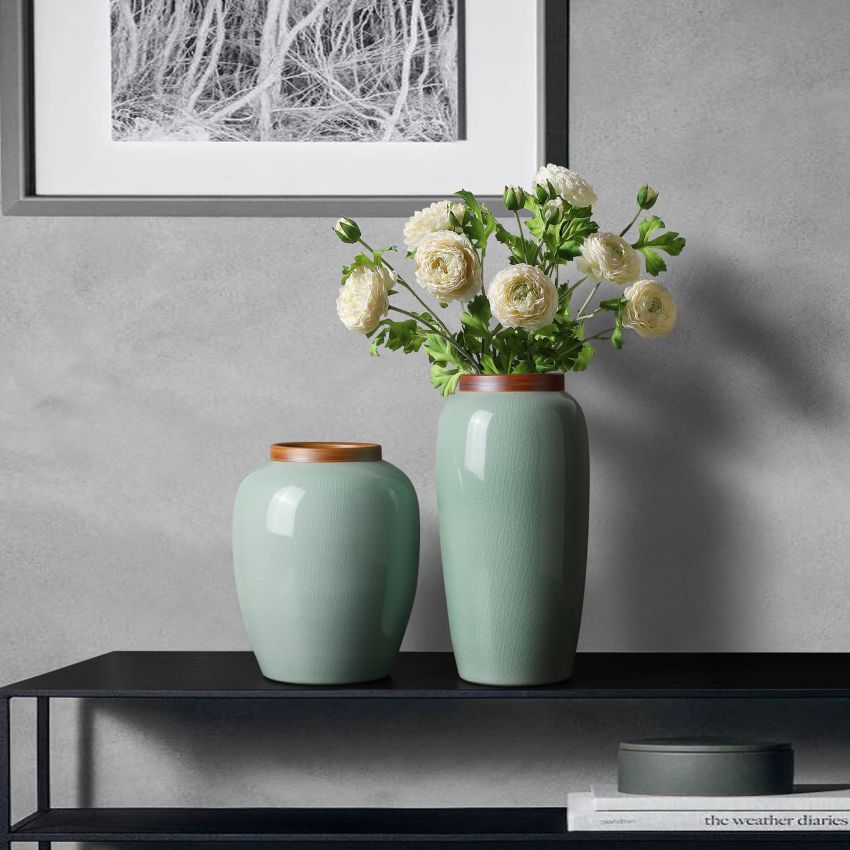 Rustic Ceramic Table Vase, Celadon Ceramic Vases for Decor, Farmhouse Green Vases for Home Decor, Pottery Vase Large Terracotta Vase, Extra Large Vases for Decor Living Room,Bedroom