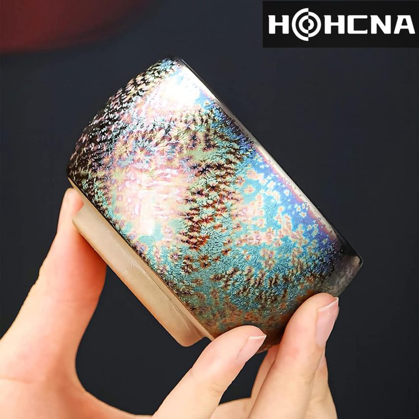 Handmade Coloful Tenmokus Tea Cup Set of 2, Chinese Crafts Kungfu Tea Cups Seven-Colours Ceramic Teacup with Gift Box Packing