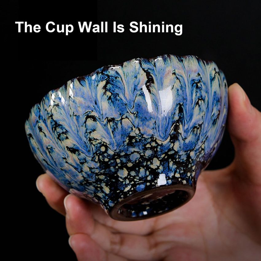 Enchantia Handmade 3D Chinese Kungfu Tea Cup, Beautiful Ceramic Tenmokus Jianzhan Tea Cup, Bottom Golden Lotus Cup With Gift Box - 4.2 Oz,Golden peacock