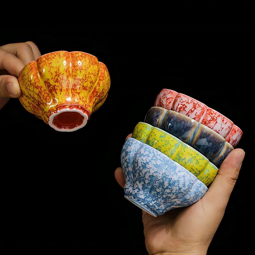 4 Pcs 4 Colors Tenmoku Glaze Ceramic Tea Cups Fancy Small Coffee Mug, 4 oz Irregular Ceramic Cups Specially Designed for Women