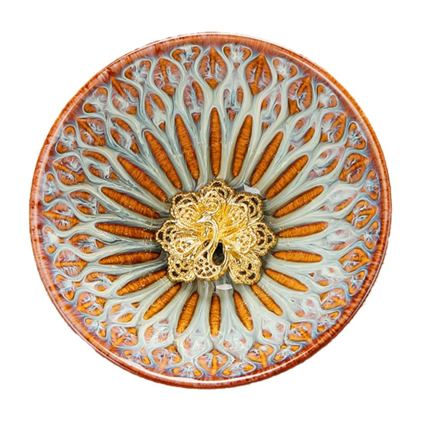 Jianzhan Tenmoku Tea Cup with Golden Peacock, 3D Chinese Kungfu Tea Cup Traditional Crafts Fired in Kiln