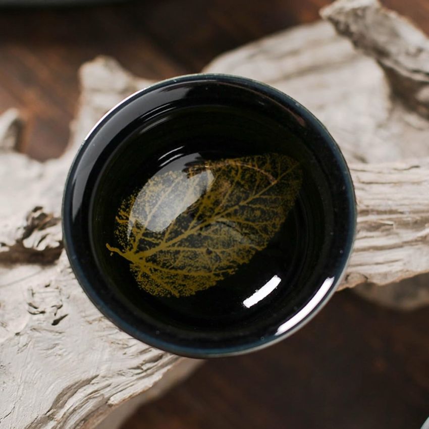 2PCS Chinese Tenmoku Tea Cup,Leaf Jianzhan Bowl Decoration Home,Tenmoku Cups,Chinese Kungfu Ceramic Teacup Set,Christmas New Year Gift for Husband