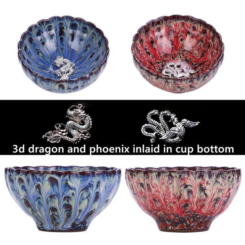 Jianzhan Tenmoku Magic Tea Cup Set of 2, Handmade Chinese Dragon and Phoenix Tea Cups, 3d Art Ceramic Kungfu Teacups with Gift Box (Cherry blossom)