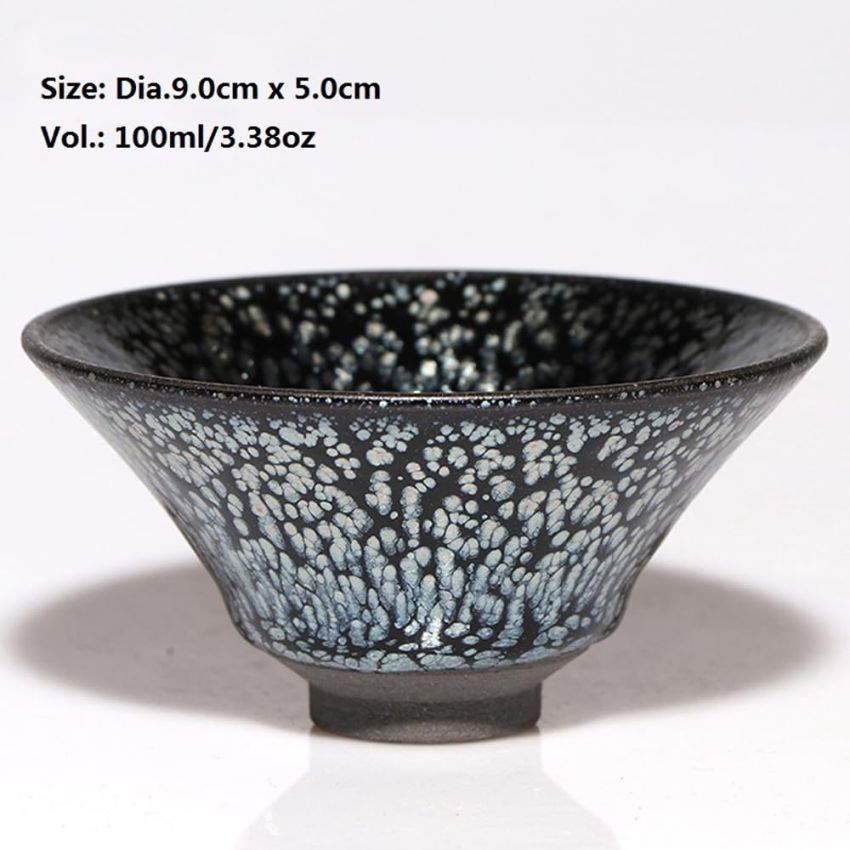 Handmade JianZhan Tenmokus Tea Cups Silver Spot in Black, 3.38oz/100ml Chinese Jian Ware/Jian Zhan Tea Bowl, Porcelain Teacup Junyao Bowl, Silver/Black