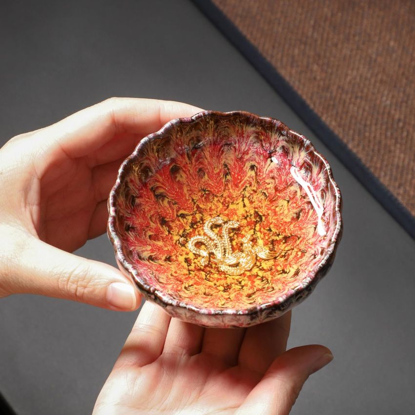 Jianzhan Tenmoku Magic Tea Cup Set of 2, Handmade Chinese Dragon and Phoenix Tea Cups, 3d Art Ceramic Kungfu Teacups with Gift Box (Cherry blossom)