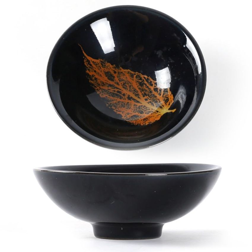 2PCS Chinese Tenmoku Tea Cup,Leaf Jianzhan Bowl Decoration Home,Tenmoku Cups,Chinese Kungfu Ceramic Teacup Set,Christmas New Year Gift for Husband