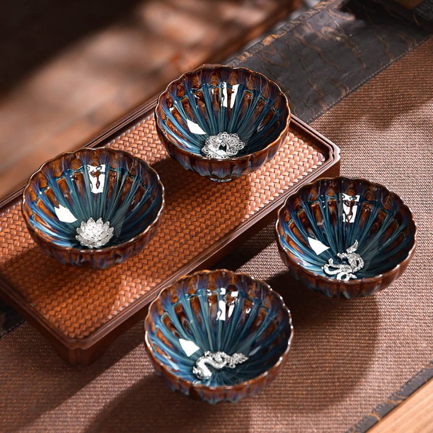 JianZhan tenmokus tea cup Ceramic Handmade TeaCup inlay Teacup Kungfu Tea Cup Master Teacup (Color : Lotus)