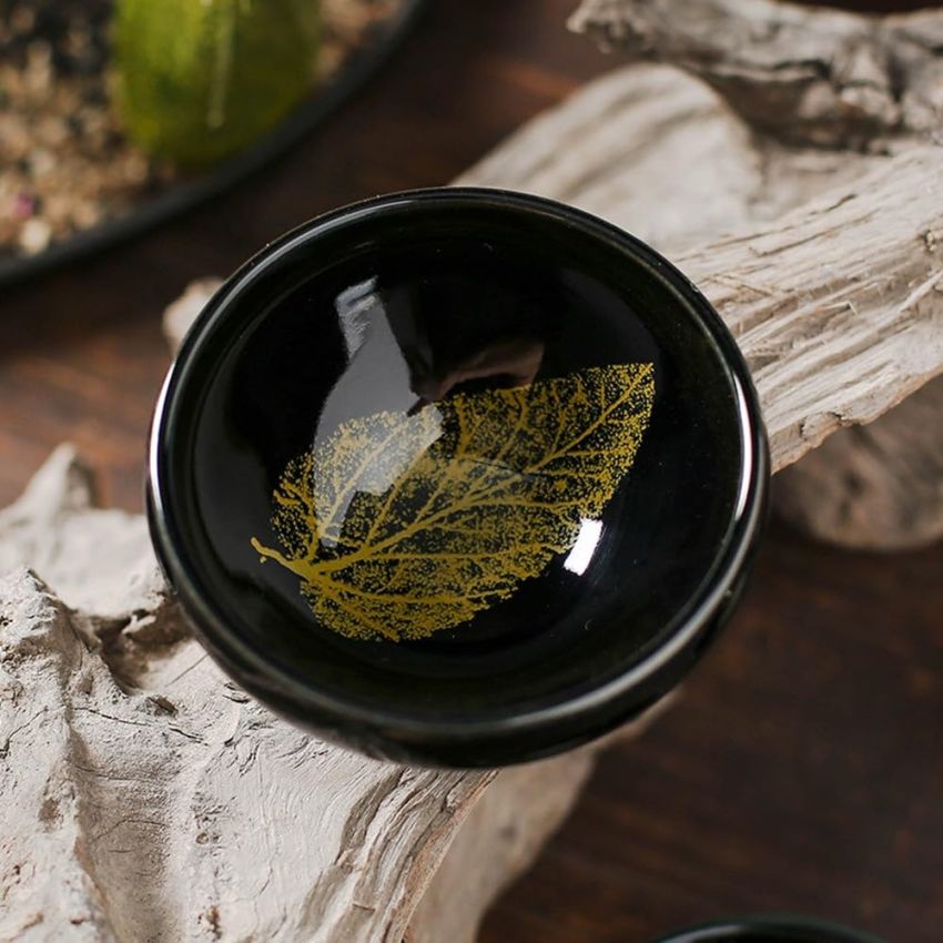 2PCS Chinese Tenmoku Tea Cup,Leaf Jianzhan Bowl Decoration Home,Tenmoku Cups,Chinese Kungfu Ceramic Teacup Set,Christmas New Year Gift for Husband