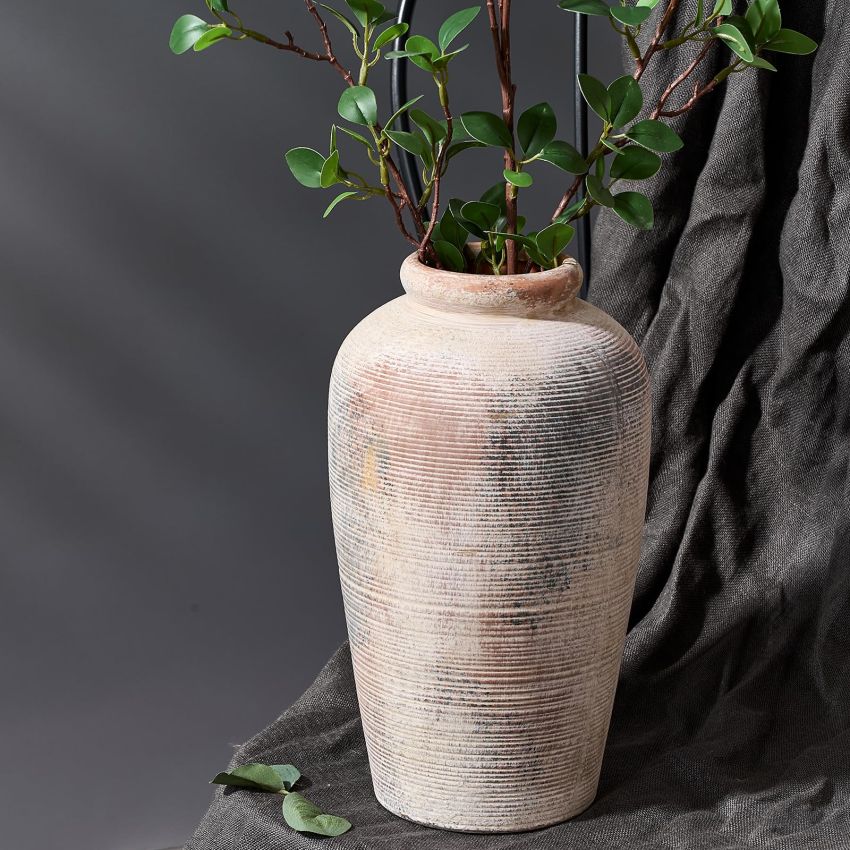 Large Ceramic Rustic Vase, 11 inch Minimalist Decorative Vase, Farmhouse Tall Vase for Home Decor, Living Room, Shelf Decor, Enterway, Table Decoration, Gray
