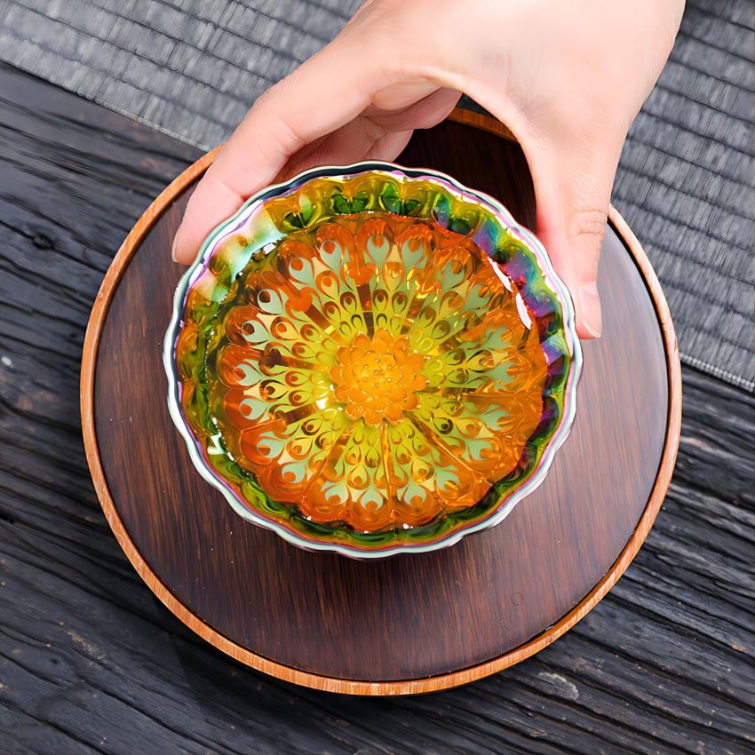 Colorful Tenmoku Tea Cup, 5 oz Jianzhan Ceramic Tea Cup with Lotus Decorations in Bottom, Chinese Small Kungfu Tea Cup, Ideal Gift for Cup Lovers