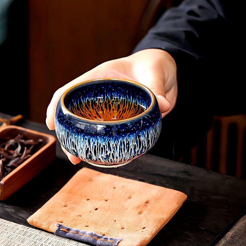 Tenmokus Tea Cups, 4.4 oz Starry Sky Glaze Ceramic Jianzhan Tea Bowls, Handmade Chinese Small Kungfu Tea Cups, Set of 2 (Zen Meditation Cup)