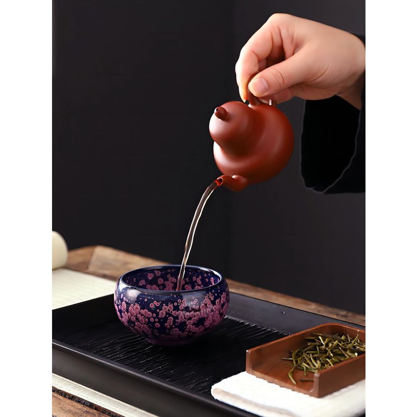 4 oz Tenmoku Tea Cup - Chinese Dragon Decoration, Purple Iris Flowers Ceramic Jianzhan Teacup, Handmade Kungfu Tea Bowl with Gift Box