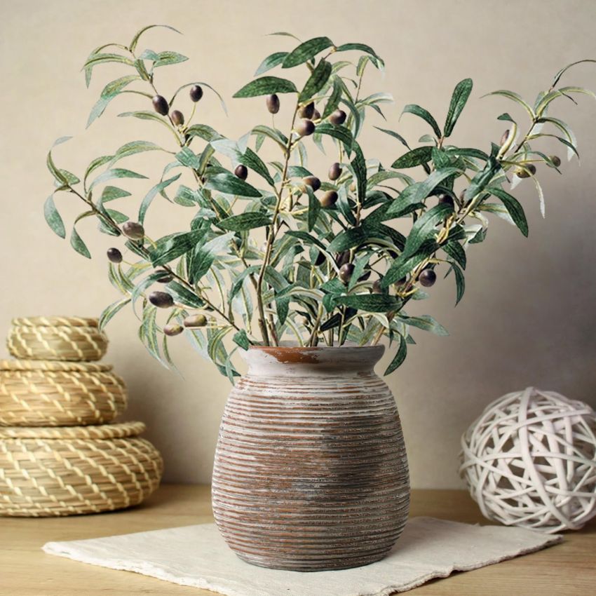 Ceramic Rustic Farmhouse Flower Vase Whitewashed Terra Cotta Decorative Pottery Vintage Terracotta Textured Vases Mantel Shelf Living Room Table Centerpieces for Home Decor