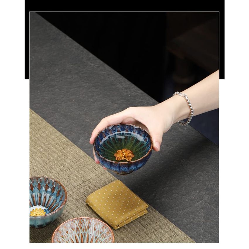 JianZhan Tenmoku Ceramic Handmade TeaCup Porcelain Teacup Kungfu Tea Cup Tenmoku Teacup Master Teacup Ceremonial Matcha Tea Mug Shape（Gold Peacock）