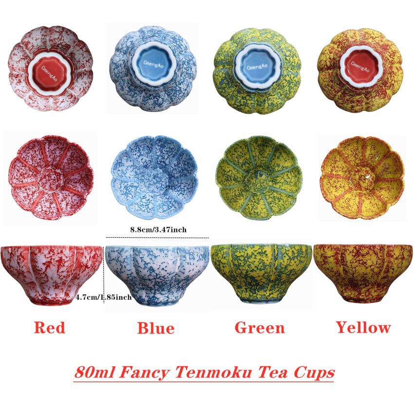 4 Pcs 4 Colors Tenmoku Glaze Ceramic Tea Cups Fancy Small Coffee Mug, 4 oz Irregular Ceramic Cups Specially Designed for Women