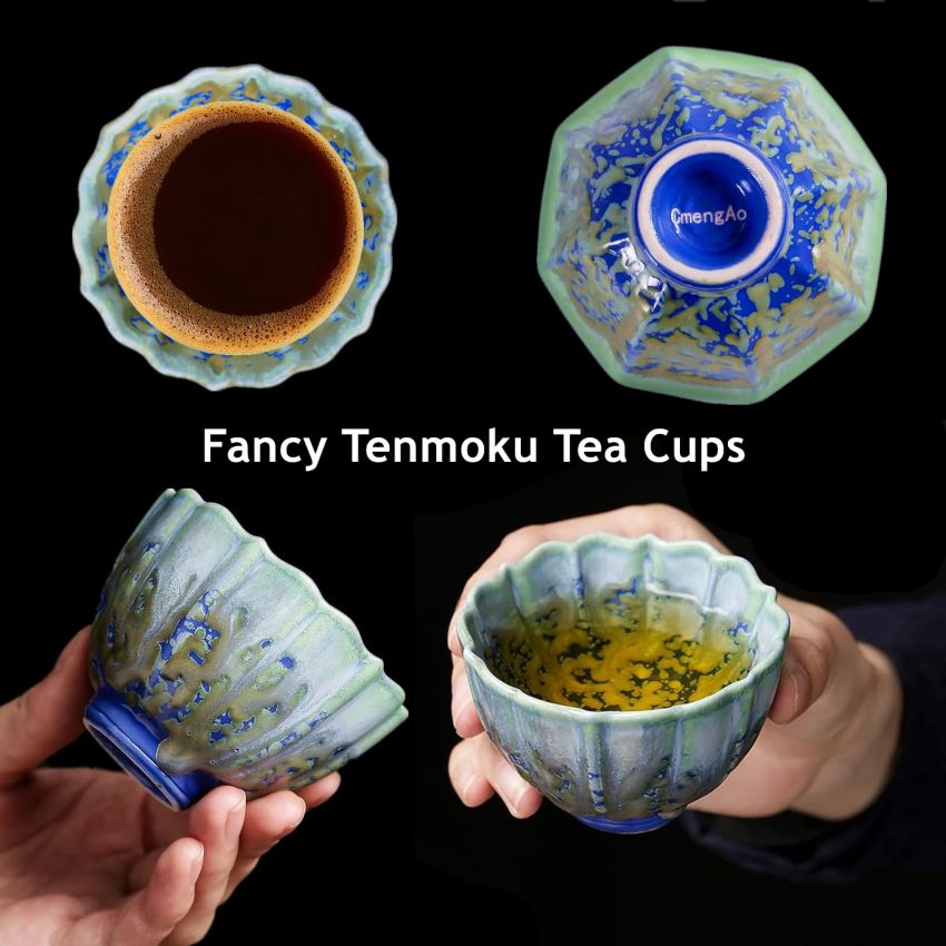 4 Pcs Blue Irregular Ceramic Tea Cups Fancy Tenmoku Glaze Coffee Mug 4 oz Chinese Small Teacups Specially Designed for Women
