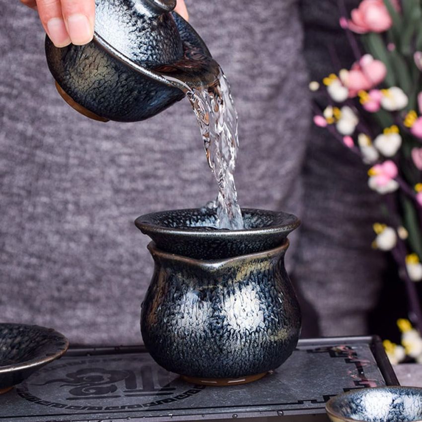 Gaiwan Teaset, Tenmoku Flower Glaze Tea Pot -170ml/5.75oz, Chinese Jianzhan Teacups Porcelain Tea Set