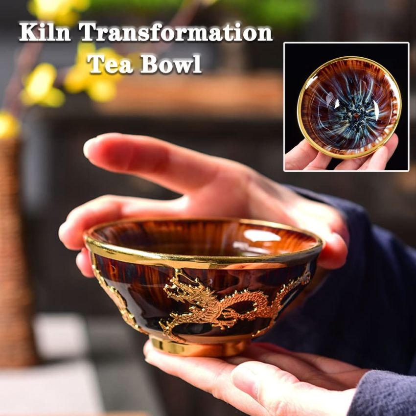 Tea Cup Hand Inlaid Gold Dragon and Phoenix Cup, Kiln Transformation Colorful Master Cup, Kung Fu Tea Bowl Sake Teaware, Gift Box Packaging(Color: Phoenix, Size : 3.8 oz)