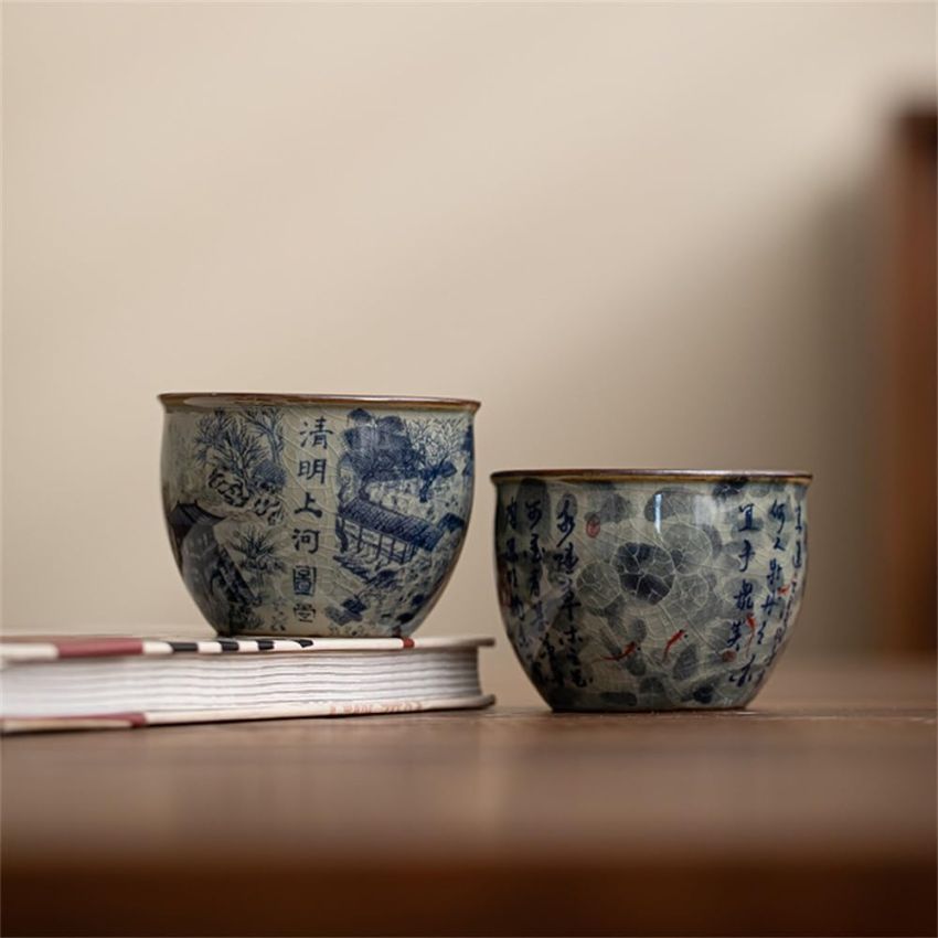 2PCS Chinese Tea Cup,Bowl for Father,Tenmoku Cups,Chinese Kungfu Ceramic Teacup Set,Christmas New Year Gift for Husband