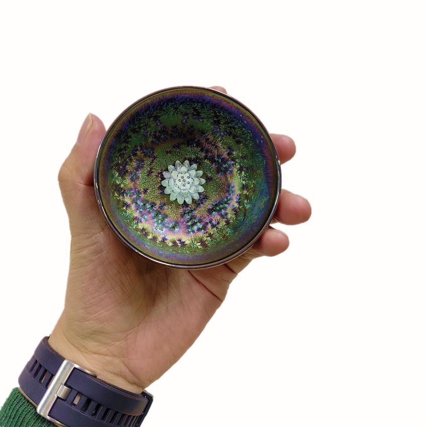 Jianzhan Ceramic Tea Cup, Handmade Peacock Glaze Tenmoku Teacup with 3d Silver Lotus Inlaid, 4 oz Chinese Small Kungfu Tea Cup