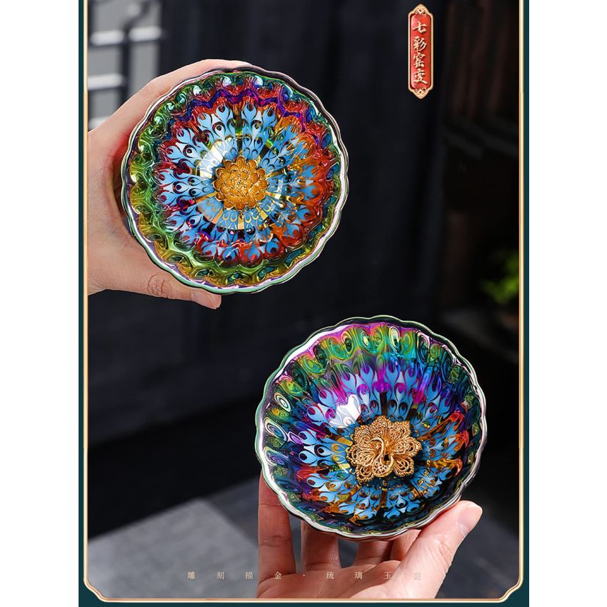 JianZhan tenmokus tea cup Ceramic Handmade TeaCup inlay Teacup Kungfu Tea Cup Master Teacup (Color : Golden Peacock)