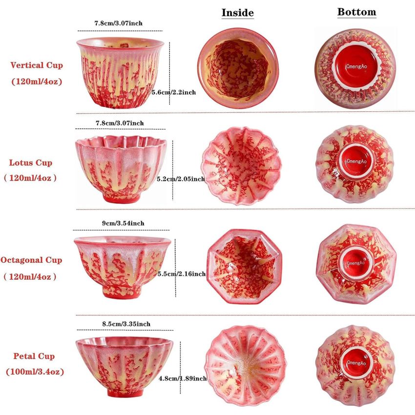4 Pcs Red Irregular Ceramic Tea Cups Fancy Tenmoku Glaze Coffee Mug 4 oz Chinese Small Teacups Specially Designed for Women