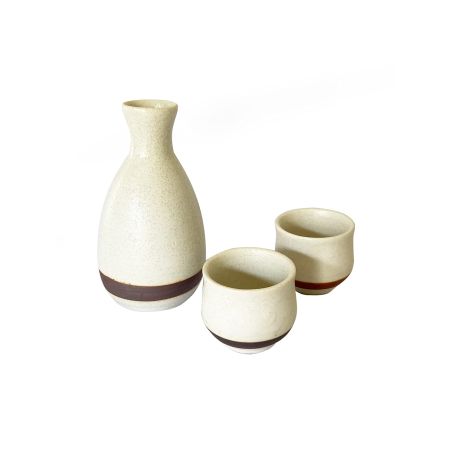 White color, Japanese Traditional Ceramic SAKE 3 items Set. 1 Bottle and 2 cups with a gift box. Made in Japan