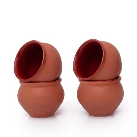 Handmade Traditional Kulhar Kulhad Chai Tea Coffee Mug Cup Cantaritos Set of 4 Glazed Earthenware Glossy Finish Clay Terracotta Artisanal Studio Pottery Mud Brown Food Safe Natural Rustic Eco-Friendly