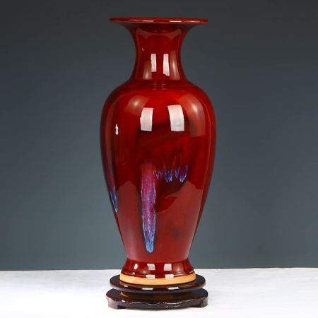 Jingdezhen Porcelain vase Antique Jun Porcelain Green Porcelain Vase Rich Bamboo Flower Arrangement Living Room Ornaments Agate red [Large] 51cm high Wood Base,white